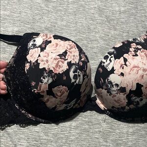 Torrid Black and Pink Floral Skull Lace Bra